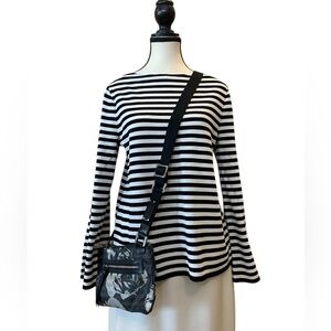 BASE Milano Black & White Striped Knit Top Boat Neck Size L classic timeless